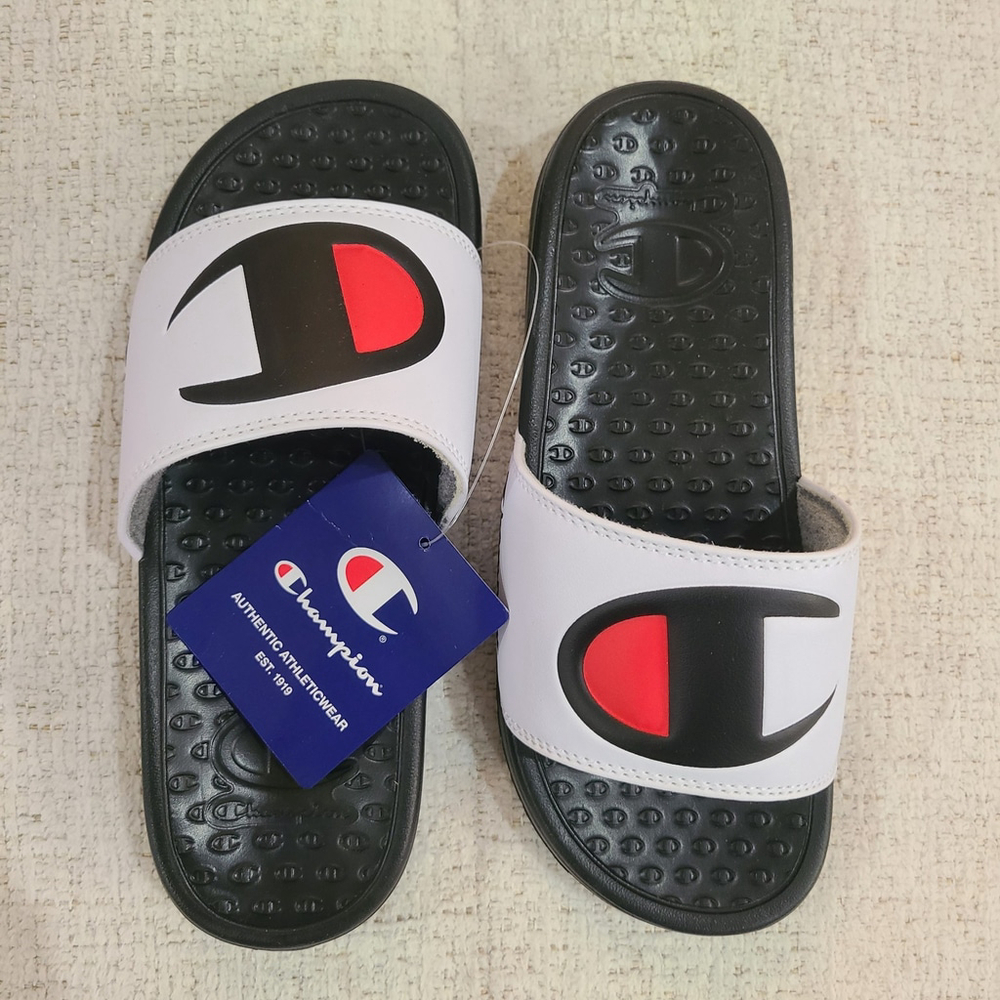 NEW Champion Little Boy Girls Slide Sandals Sz 4 Black White Lightweight Slip On